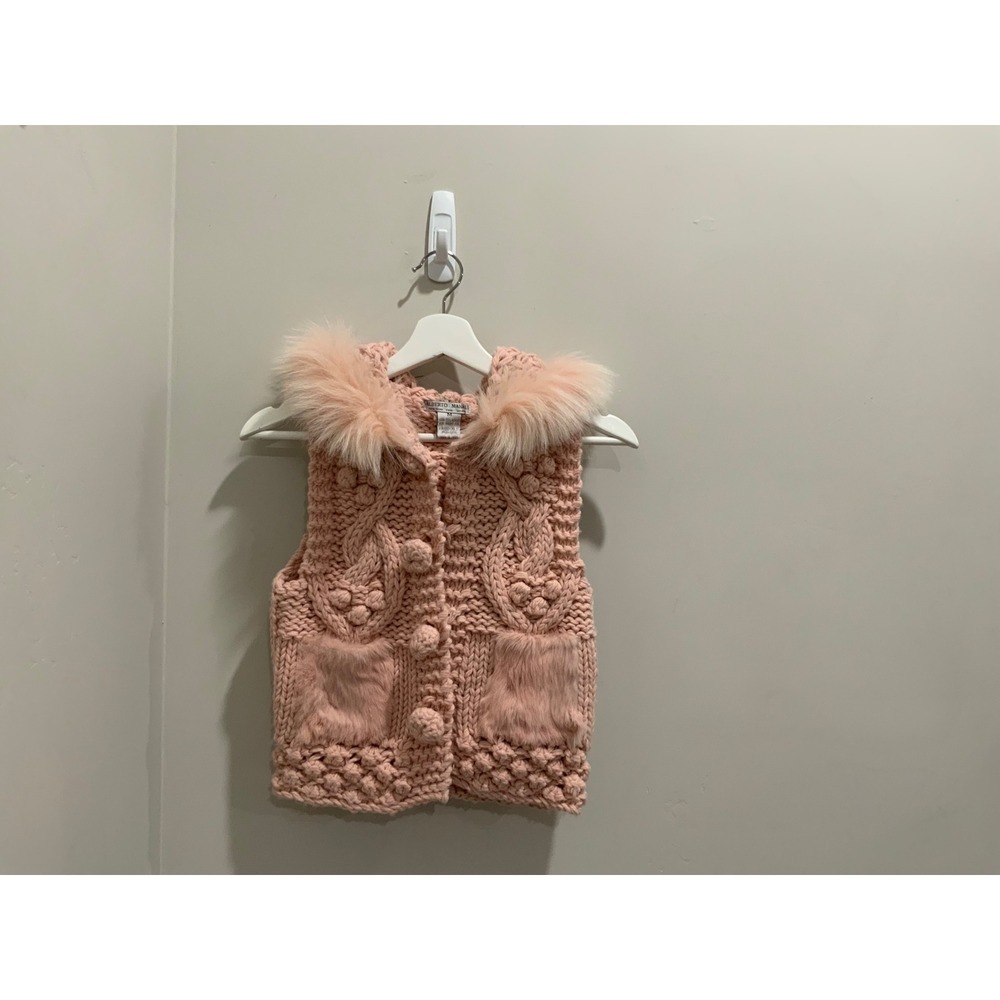 Alberto Makali Pink Cable Knit Faux Fur Trim Hooded Vest Sweater Size M